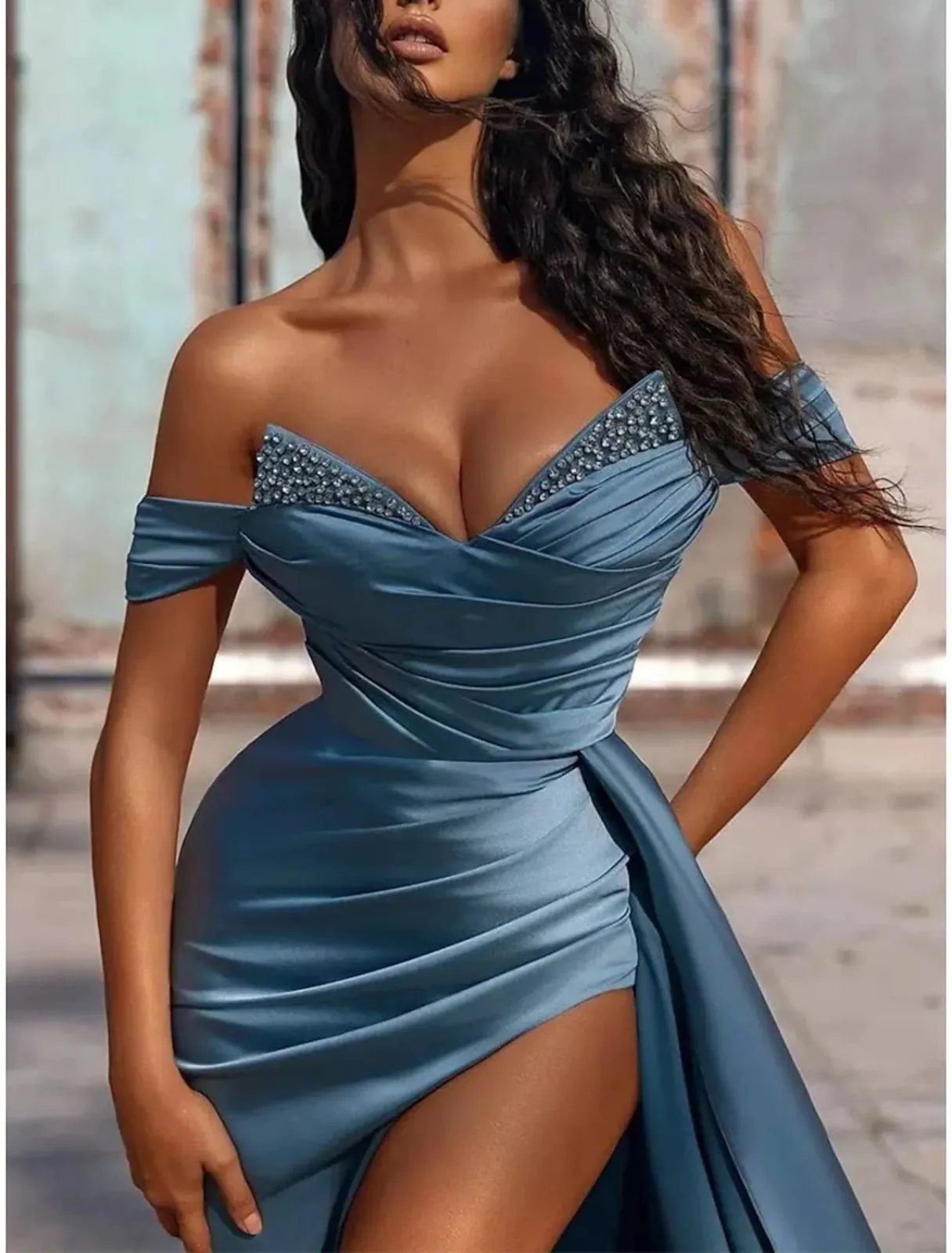 Sheath Prom Dress Long Split Off Shoulder V Neck Blue Satin, Crystals