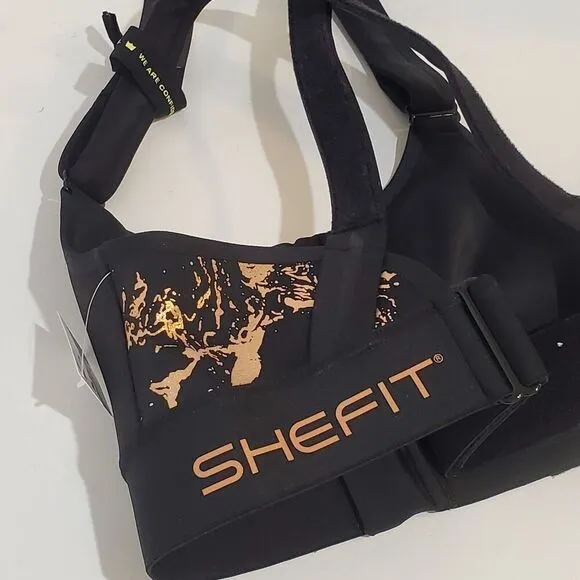 Shefit Womens Small Flex Sports Bra Black Gold Adjustable Medium support NEW NWT