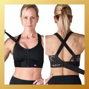 Shefit Womens Small Flex Sports Bra Black Gold Adjustable Medium support NEW NWT