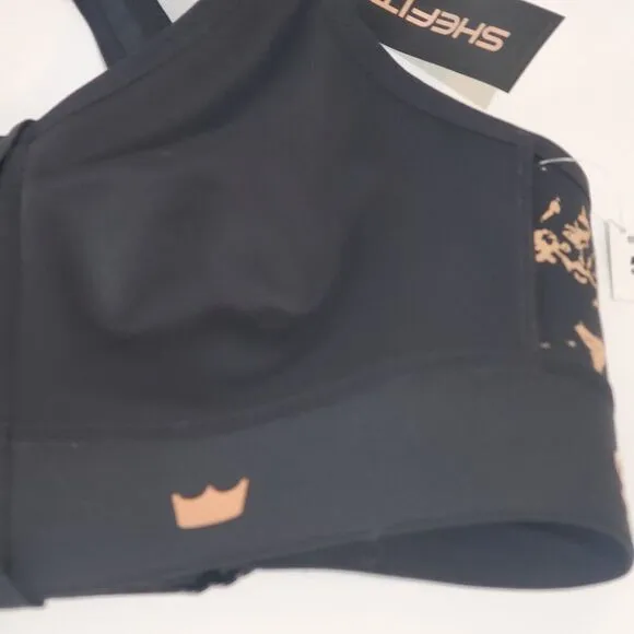 Shefit Womens Small Flex Sports Bra Black Gold Adjustable Medium support NEW NWT