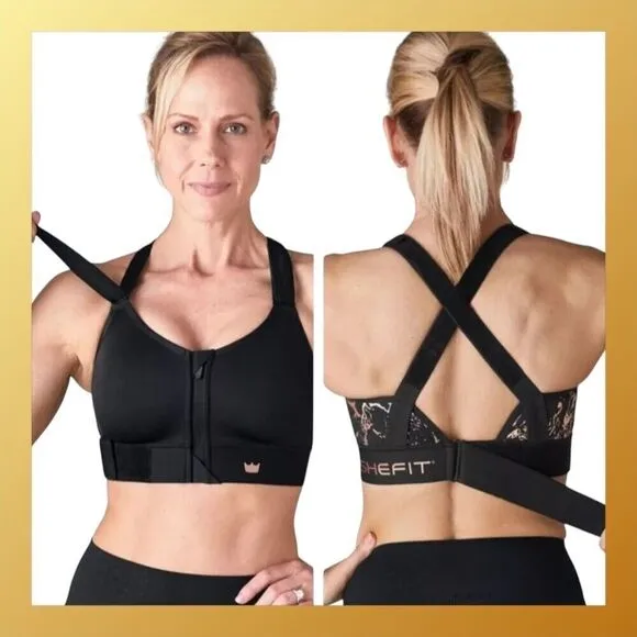 Shefit Womens Small Flex Sports Bra Black Gold Adjustable Medium support NEW NWT