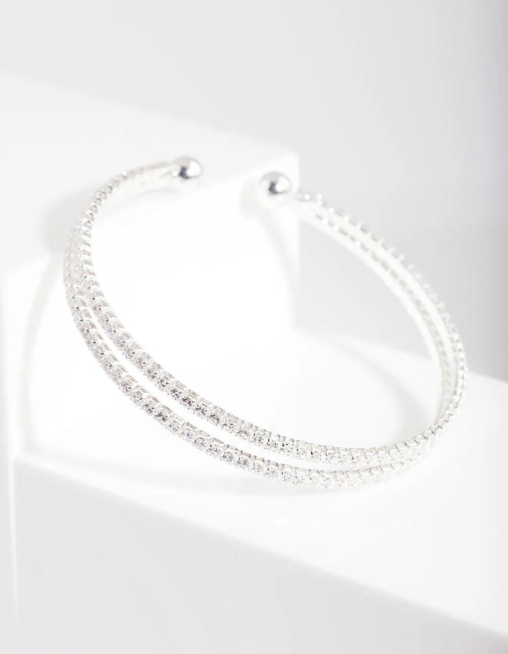 Silver Cubic Zirconia 2 Row Cuff Bracelet