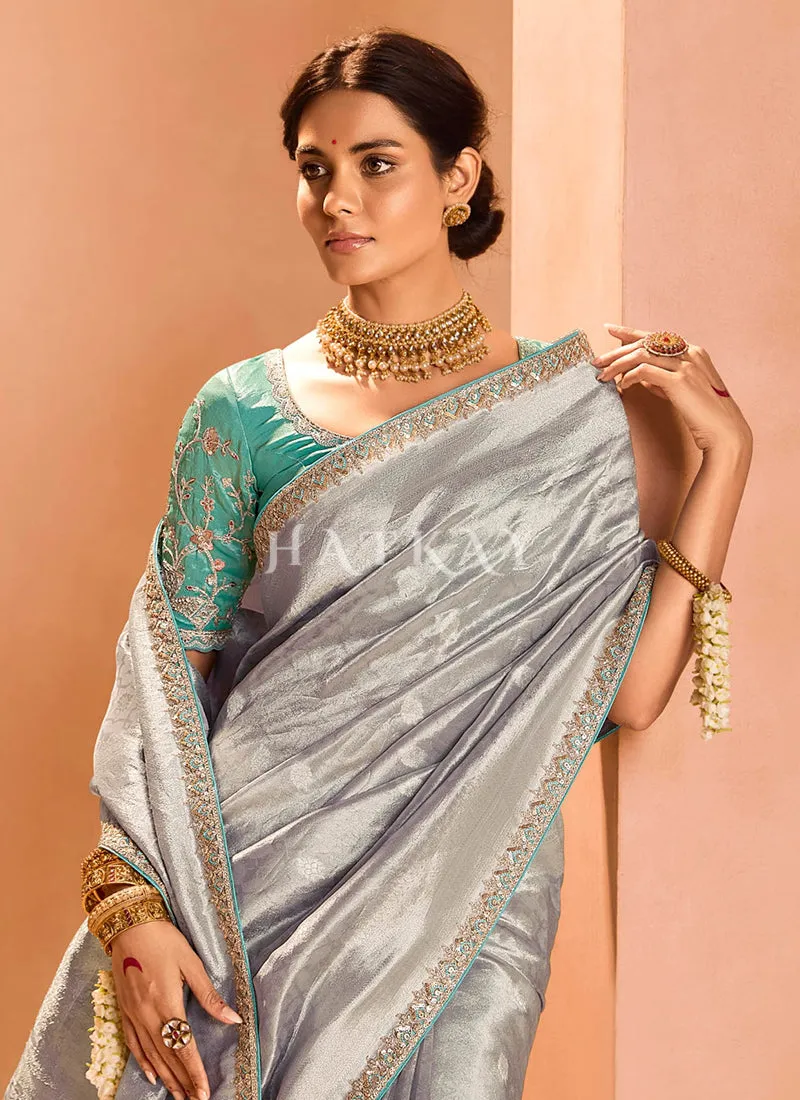 Silver Grey And Teal Embroidery Saree
