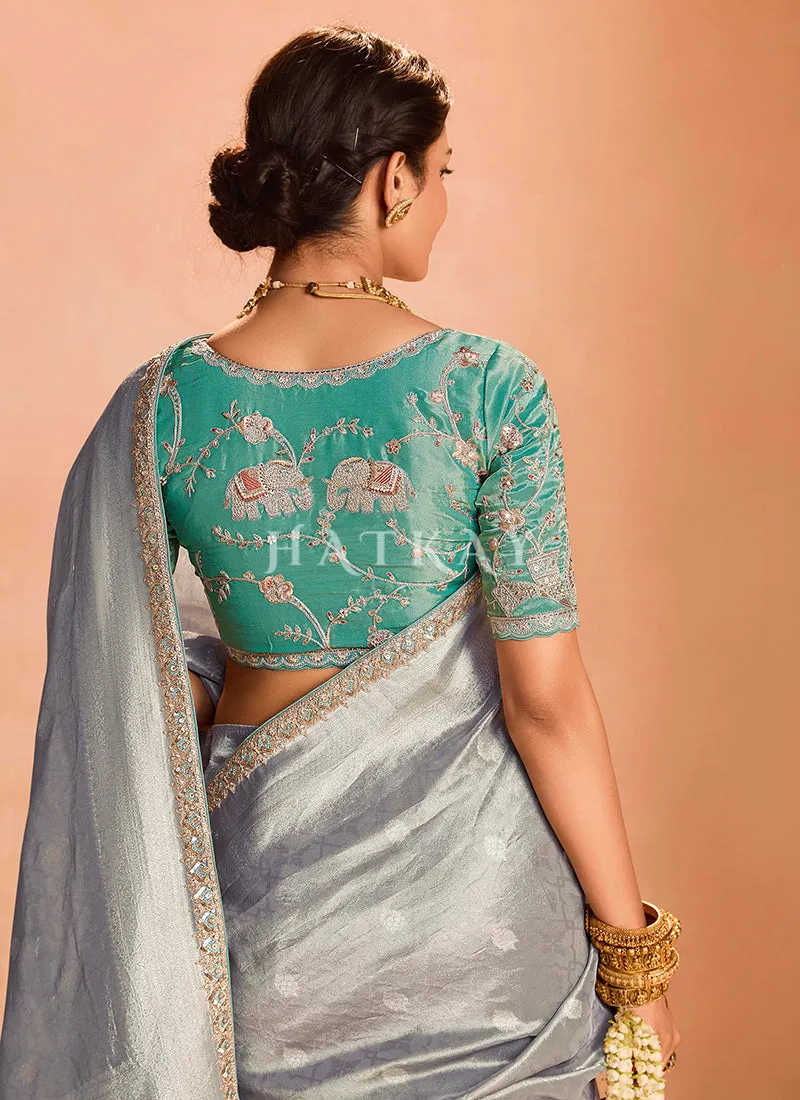 Silver Grey And Teal Embroidery Saree