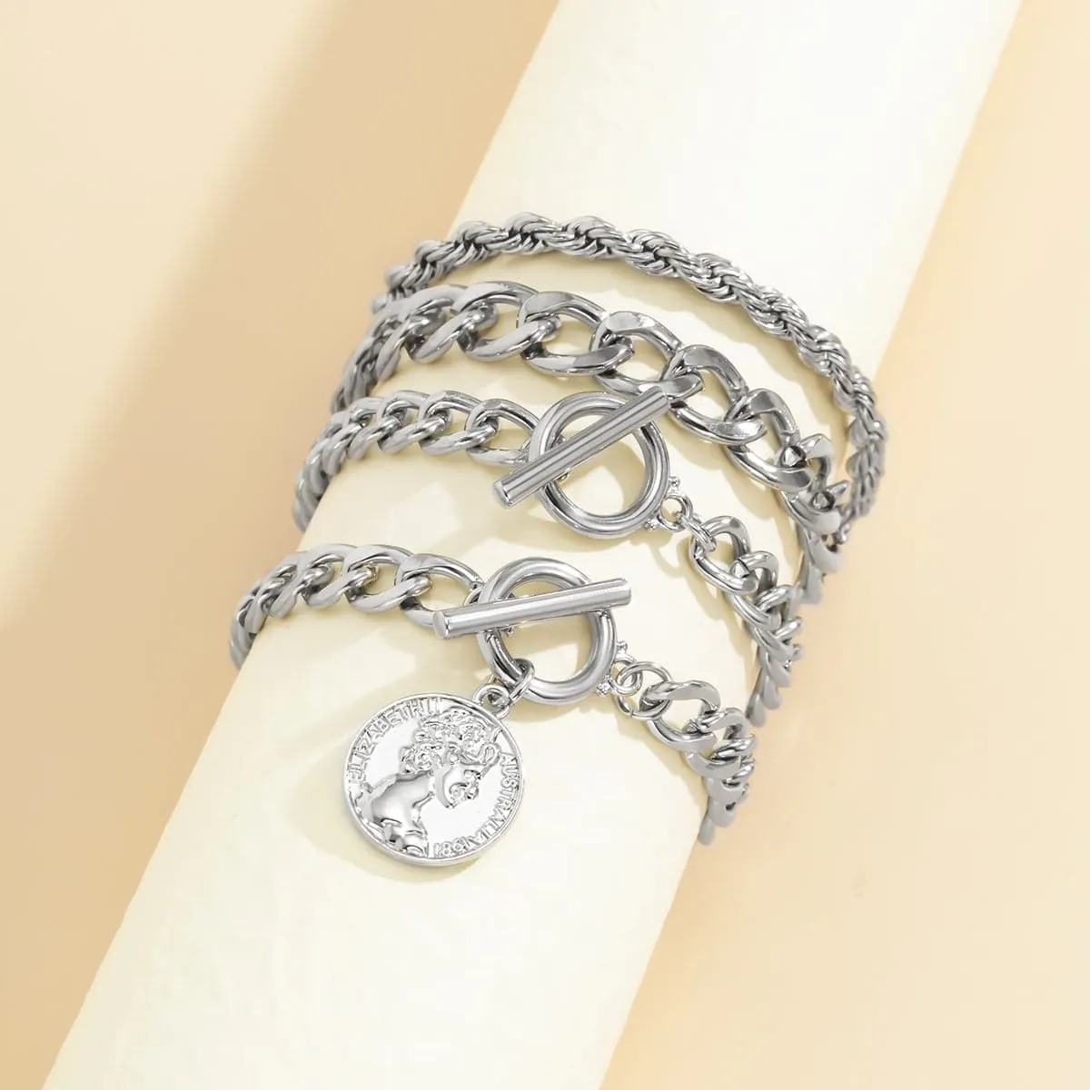 Silver-Plated Coin Toggle Chain Bracelet Set