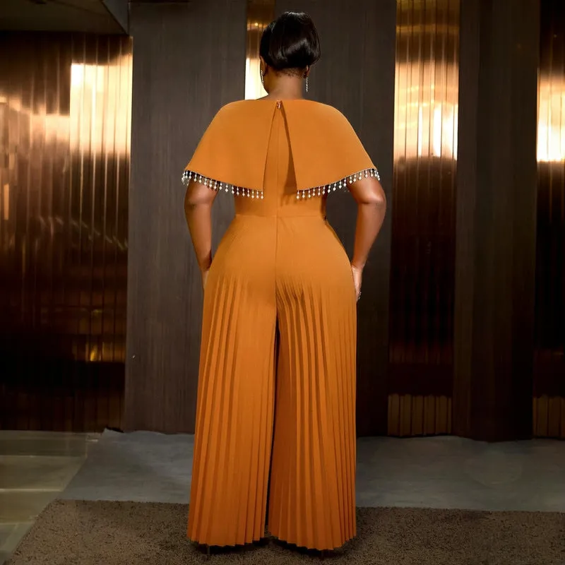 Sophisticated Cape Sleeve Jumpsuit with Pleated Skirt Overlay