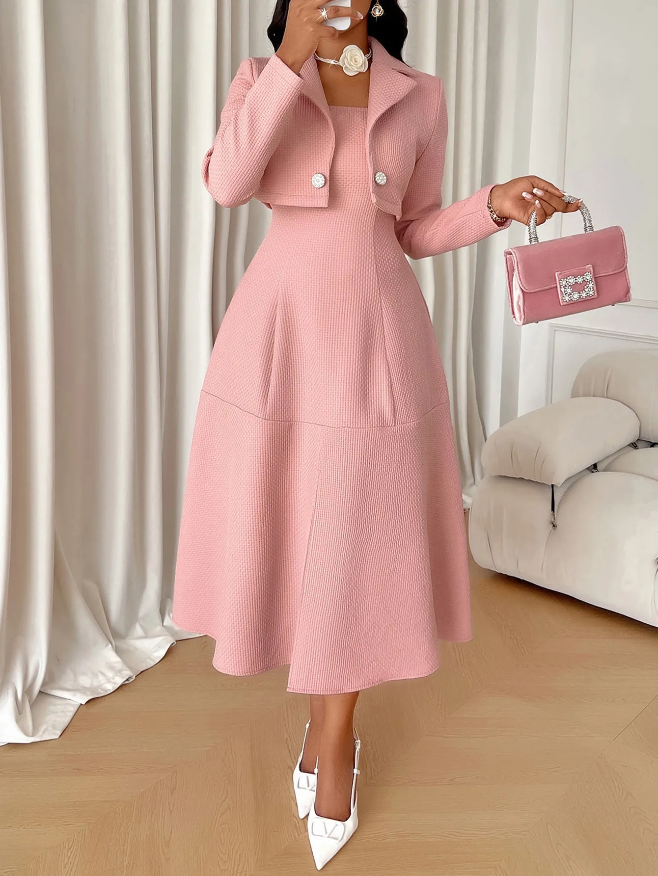 Sophisticated Solid Coat and Dress Two-Piece Set