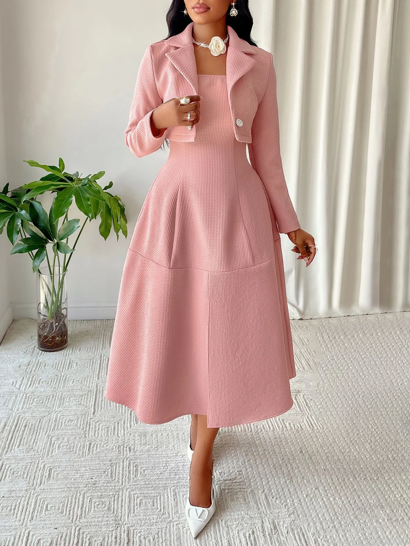Sophisticated Solid Coat and Dress Two-Piece Set