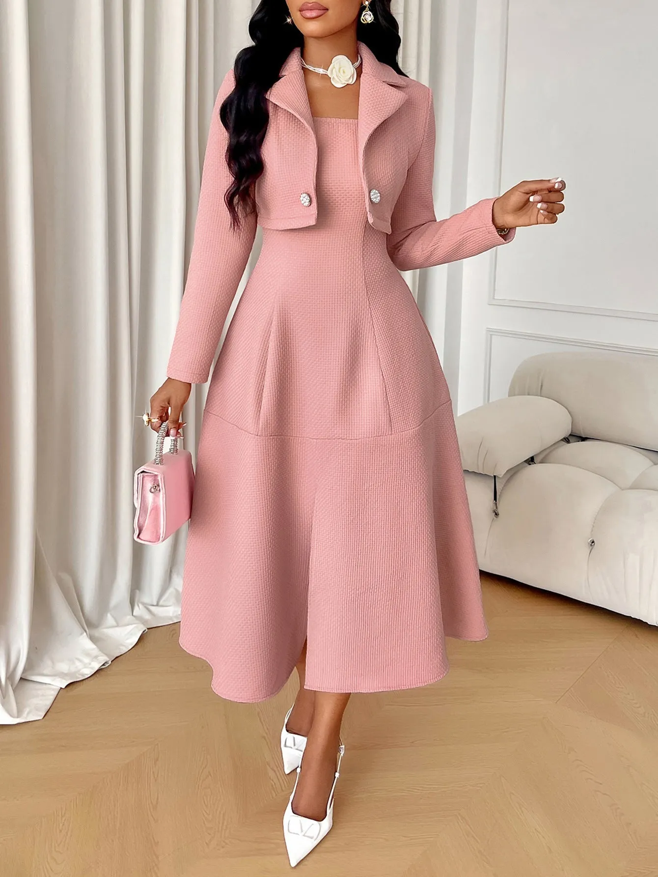 Sophisticated Solid Coat and Dress Two-Piece Set