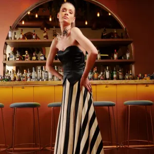 Strapless Long Dress In Striped Black And White Silk Satin With Black Satin Bodice