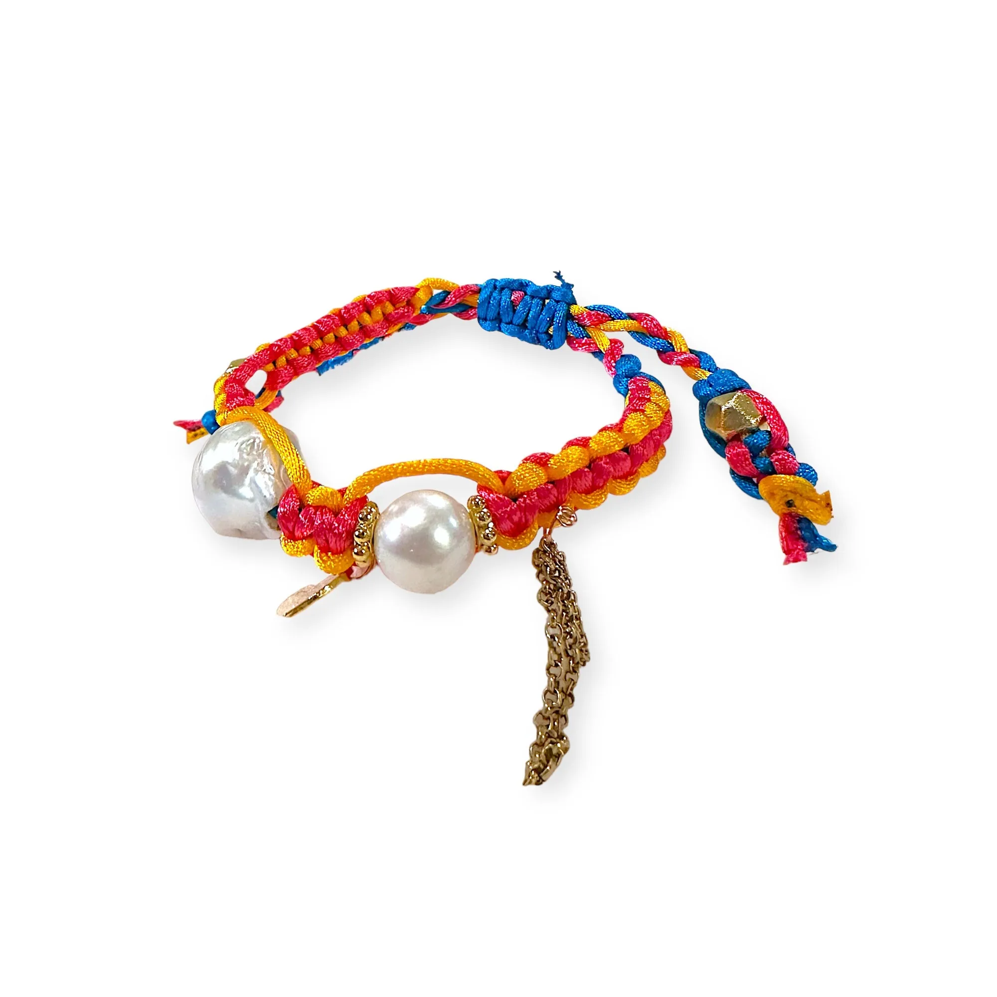 SUMMER LOVING BAROQUE PEARL GOLD HEART AND CHAIN SILK ROCKER BRACELET