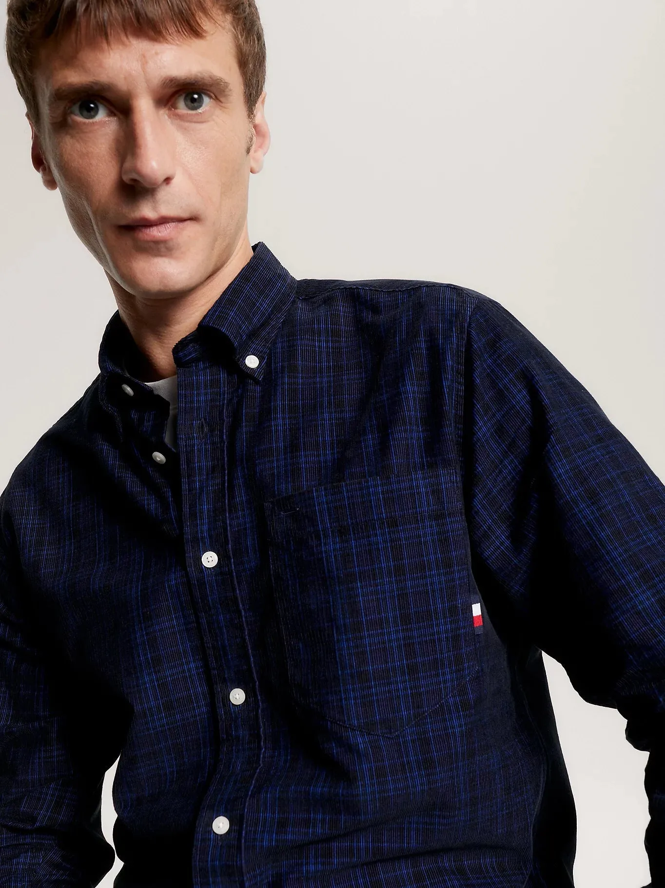 Tartan Check Regular Fit Corduroy Shirt in Navy
