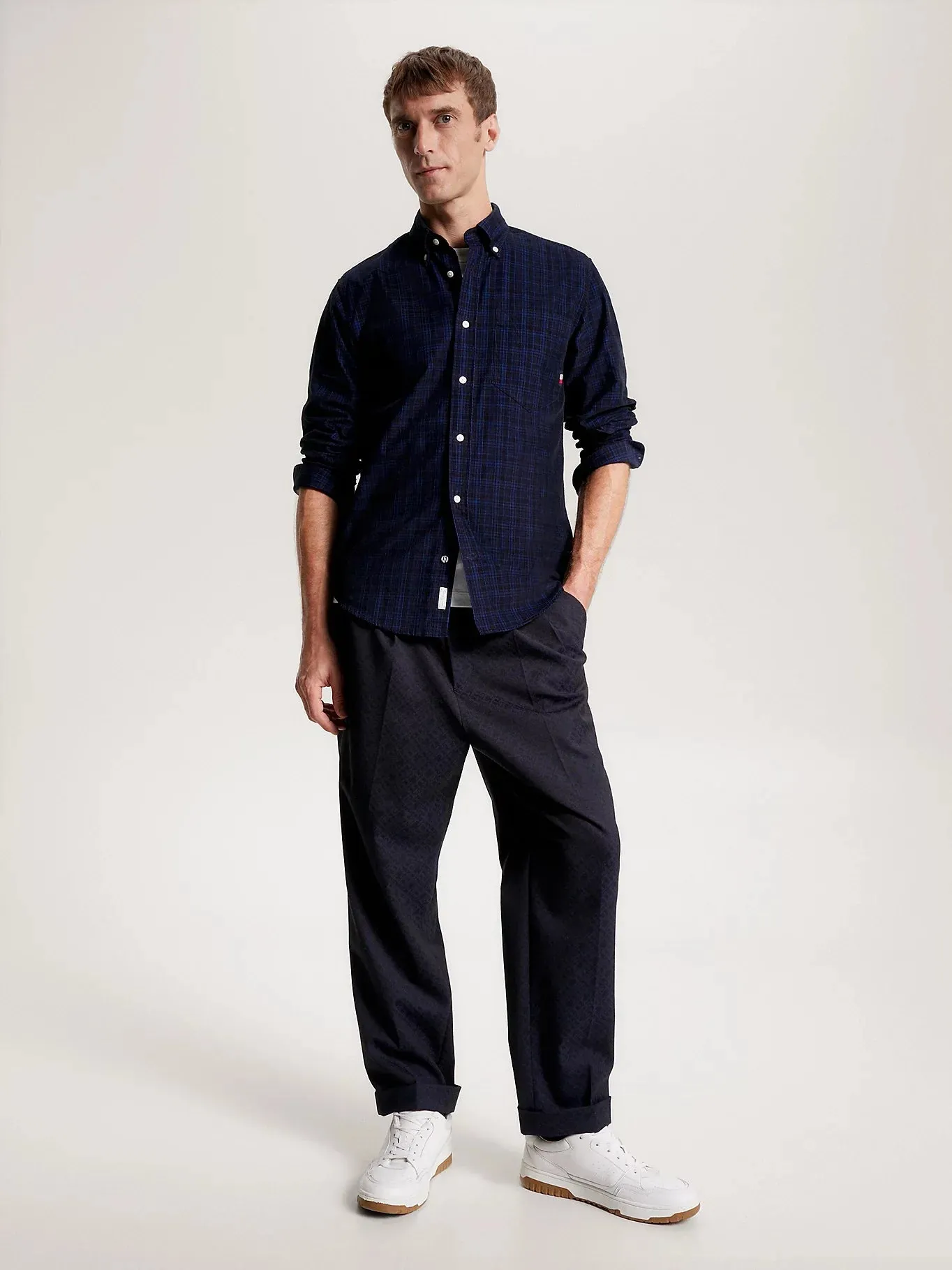 Tartan Check Regular Fit Corduroy Shirt in Navy