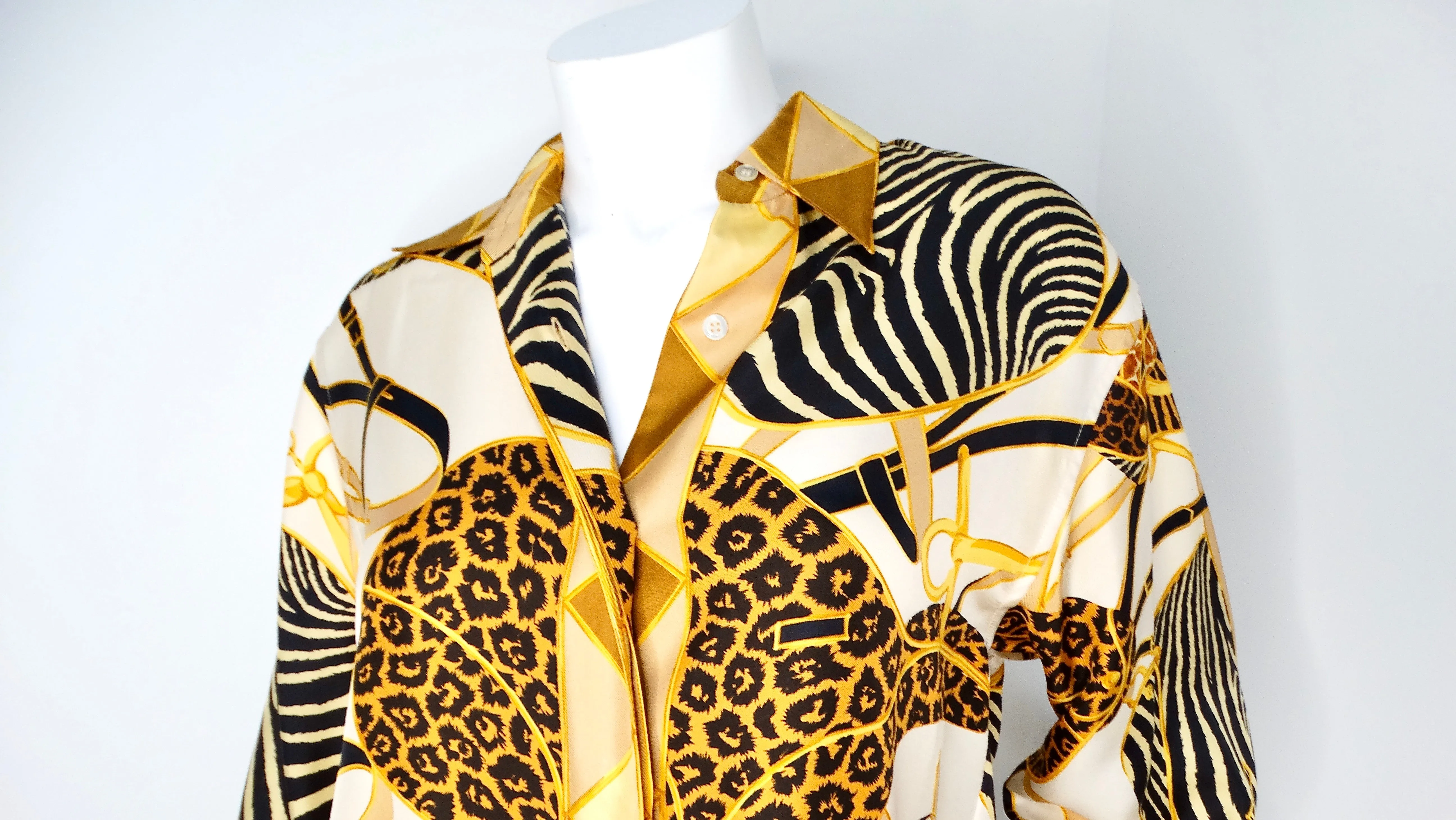 Tom Ford for Gucci 1993 Runway Animal Print Silk Collared Button Down Blouse