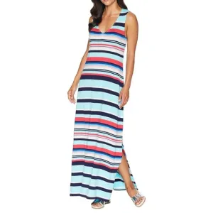 Tommy Bahama Striped Maxi Dress Sleeveless Navy Aqua Pink Women's Size Small