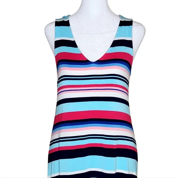 Tommy Bahama Striped Maxi Dress Sleeveless Navy Aqua Pink Women's Size Small