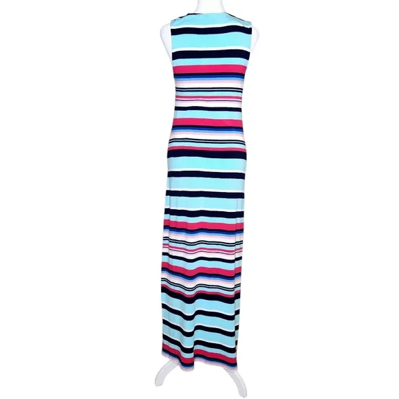 Tommy Bahama Striped Maxi Dress Sleeveless Navy Aqua Pink Women's Size Small