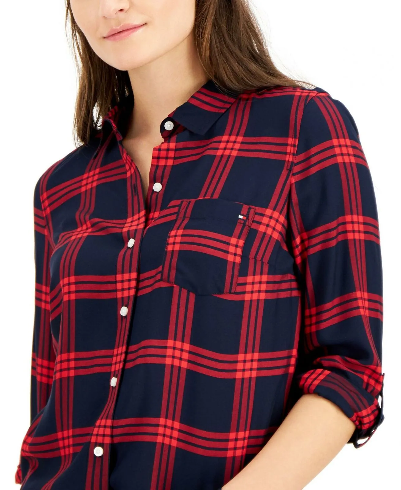 Tommy Hilfiger Women's Roll-Tab Plaid Utility Shirt Red / Blue Medium
