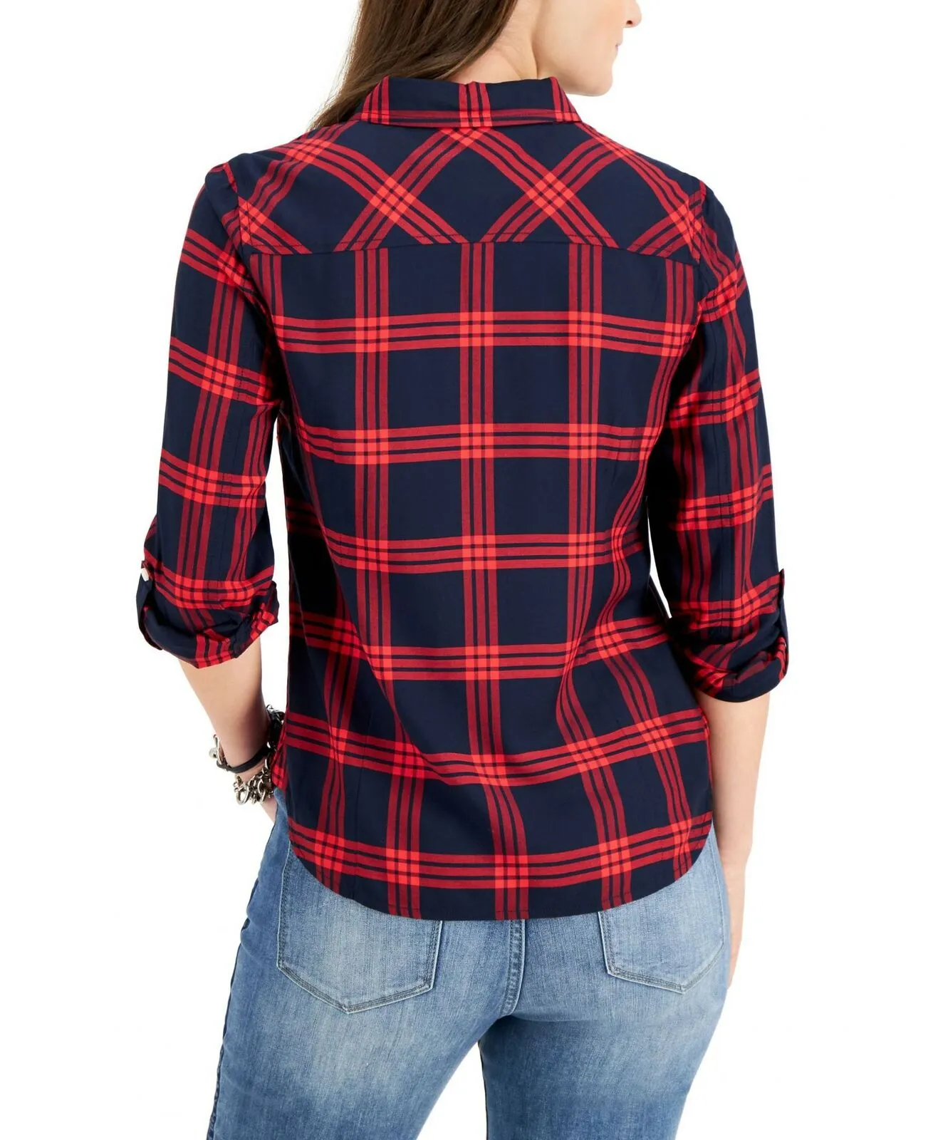 Tommy Hilfiger Women's Roll-Tab Plaid Utility Shirt Red / Blue Medium