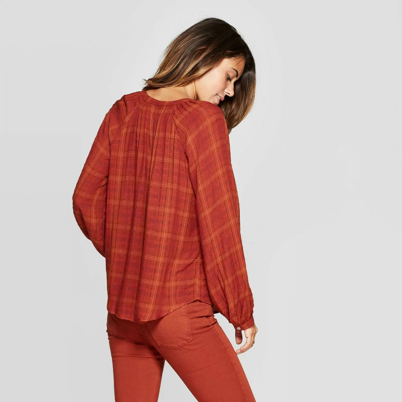 Universal Thread Plaid Long Sleeve Crewneck Button-Front Peasant Top