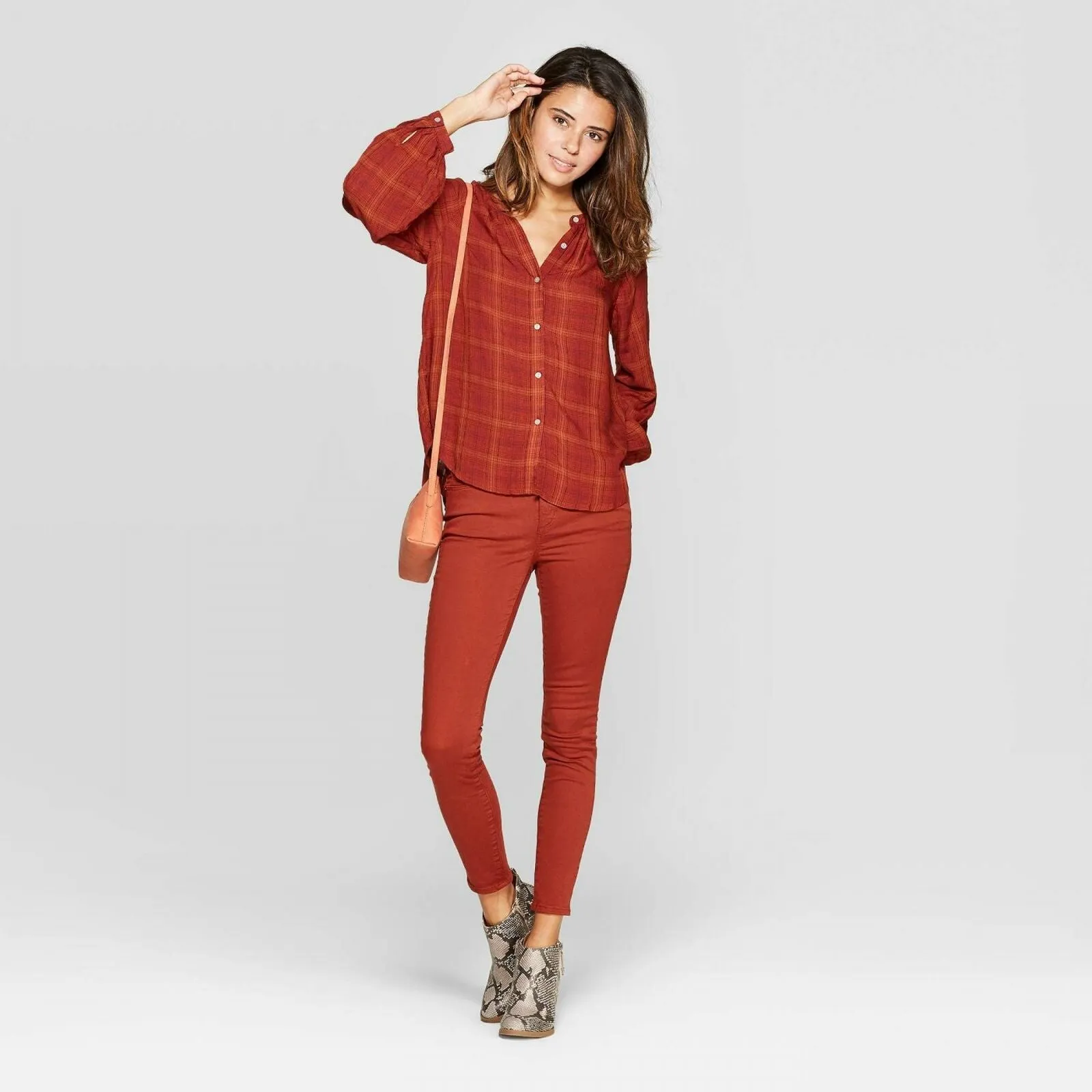 Universal Thread Plaid Long Sleeve Crewneck Button-Front Peasant Top