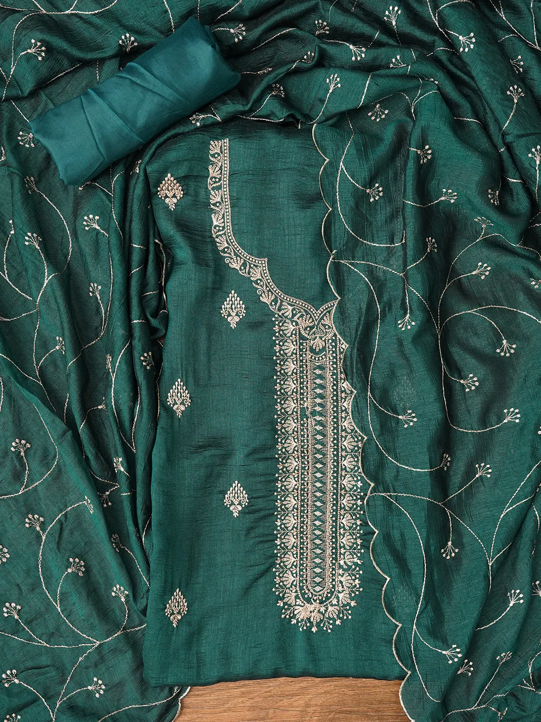 Unstitched Green Embroidered Silk Blend Dress Material With Dupatta