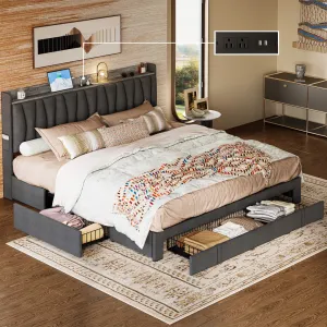 Upholstered Bed Frame with 3 Drawers, Bed with Storage Headboard and Charging Station Ivy Bronx Color: Gray Size: King