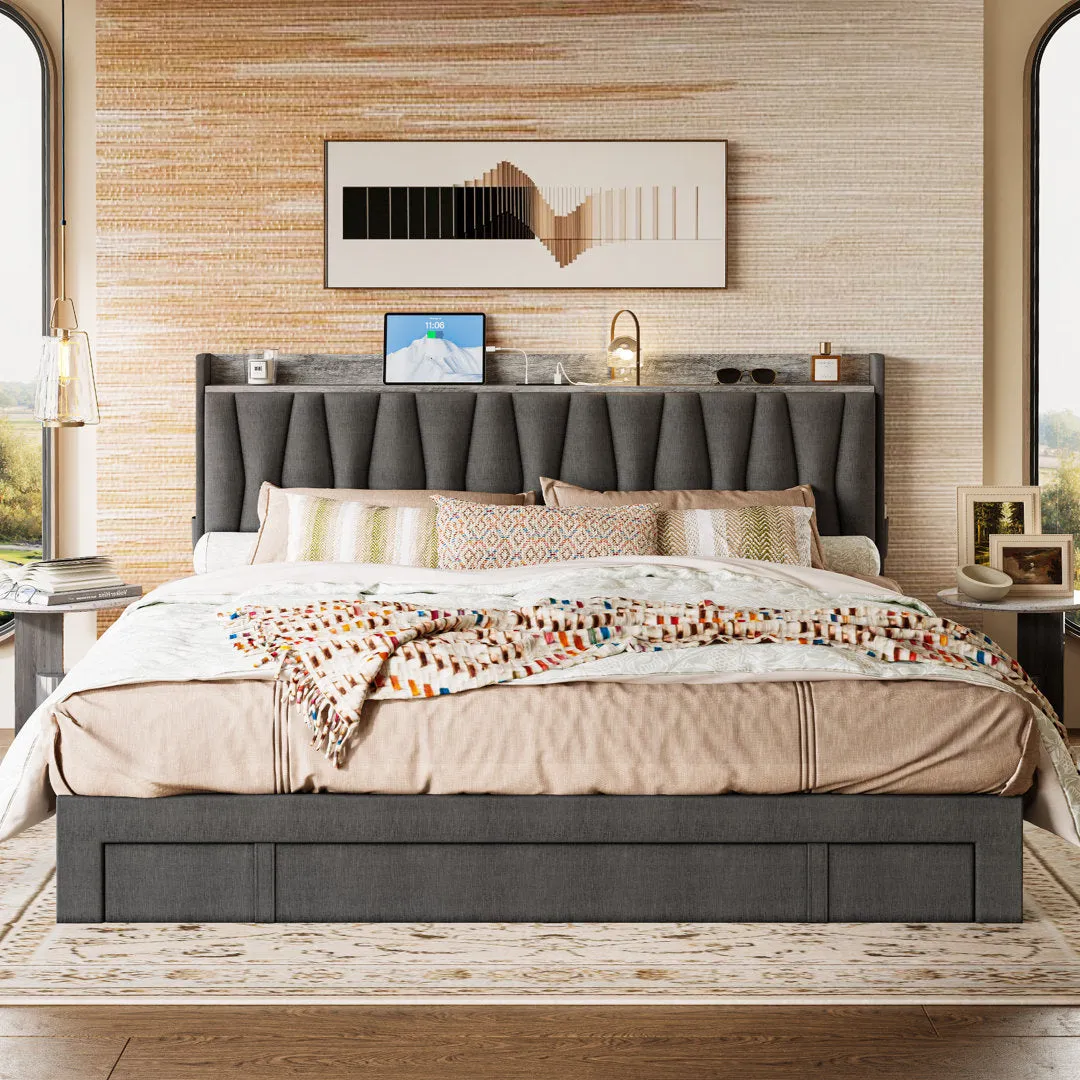 Upholstered Bed Frame with 3 Drawers, Bed with Storage Headboard and Charging Station Ivy Bronx Color: Gray Size: King