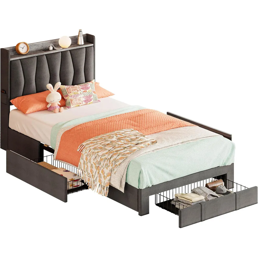 Upholstered Bed Frame with 3 Drawers, Bed with Storage Headboard and Charging Station Ivy Bronx Color: Gray Size: Twin XL