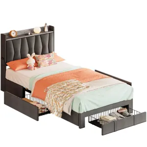Upholstered Bed Frame with 3 Drawers, Bed with Storage Headboard and Charging Station Ivy Bronx Color: Gray Size: Twin XL