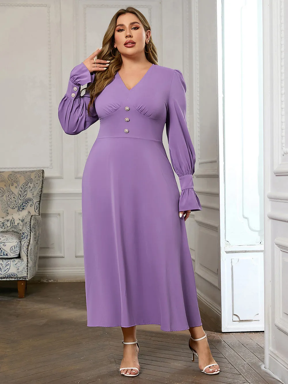 V Neck Long Sleeve Plain Midi Bodycon Dress HB100471