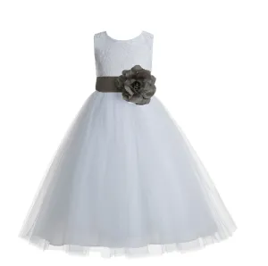 White Floral Lace Heart Cutout Flower Girl Dress Communion Baptism Junior Bridesmaid Dress 172T(3)