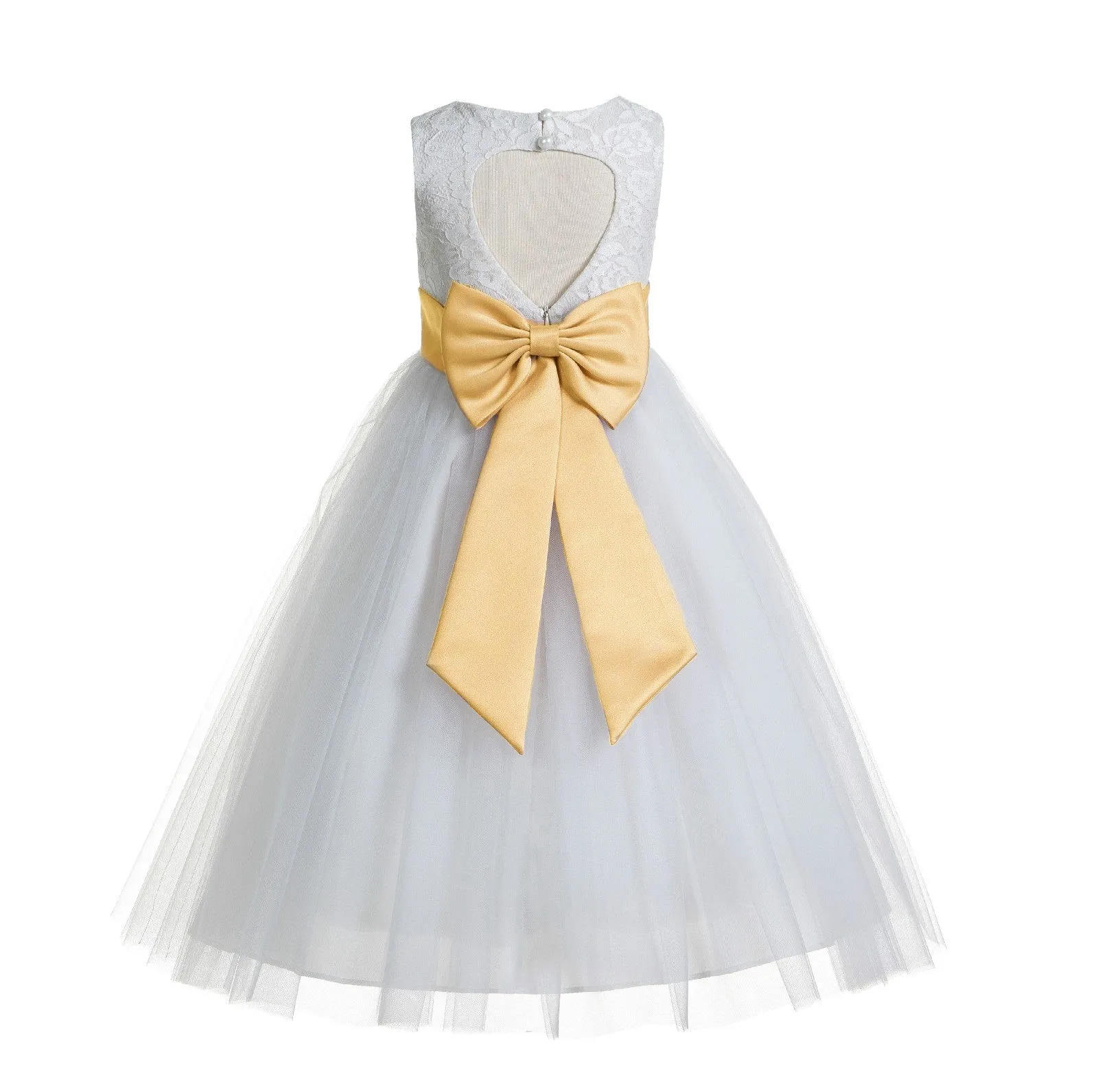 White Floral Lace Heart Cutout Flower Girl Dress Communion Baptism Junior Bridesmaid Dress 172T(3)