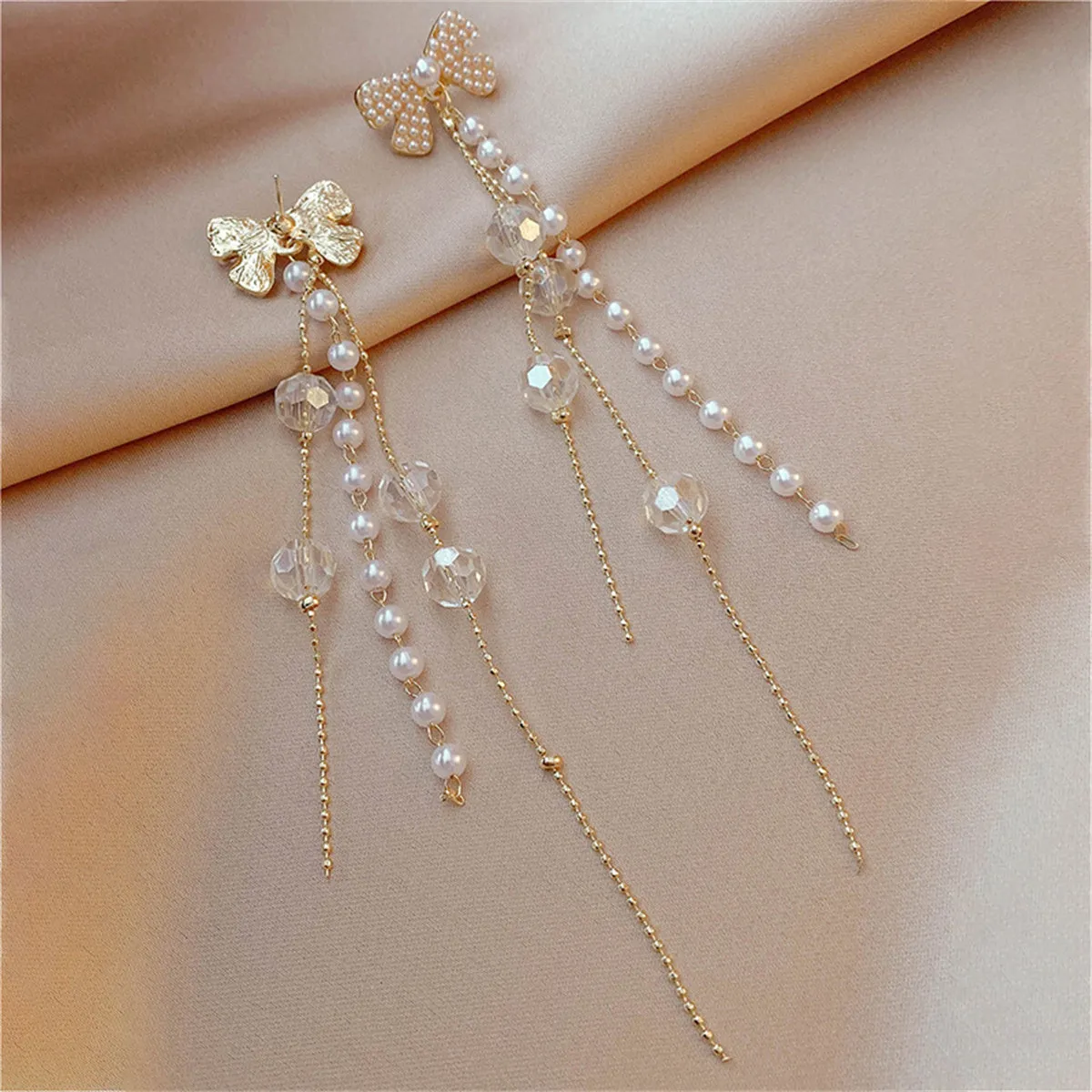 White Pearl & Acrylic 18K Gold-Plated Bow Bead Tassel Drop Earrings