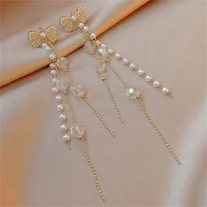 White Pearl & Acrylic 18K Gold-Plated Bow Bead Tassel Drop Earrings