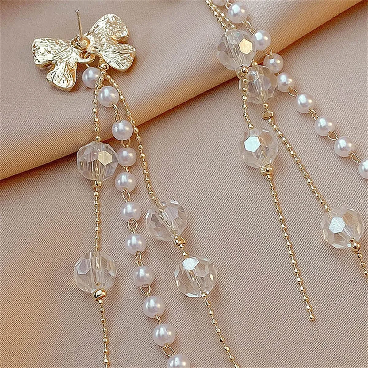 White Pearl & Acrylic 18K Gold-Plated Bow Bead Tassel Drop Earrings