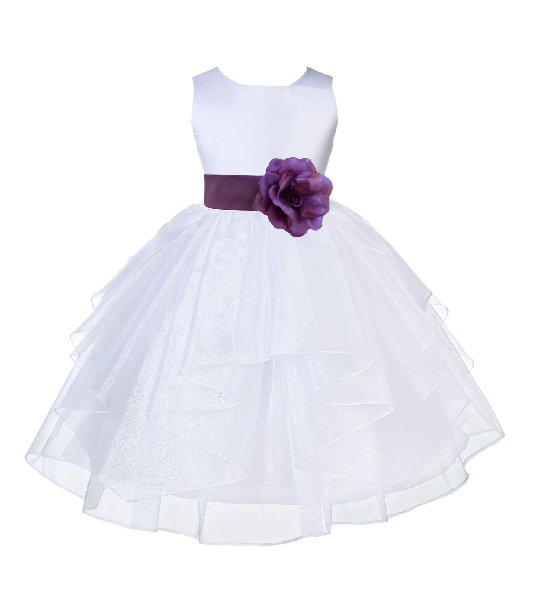 White Satin Shimmering Organza Flower Girl Dress Junior Formal Pageant Baptism Christening 4613T(2)