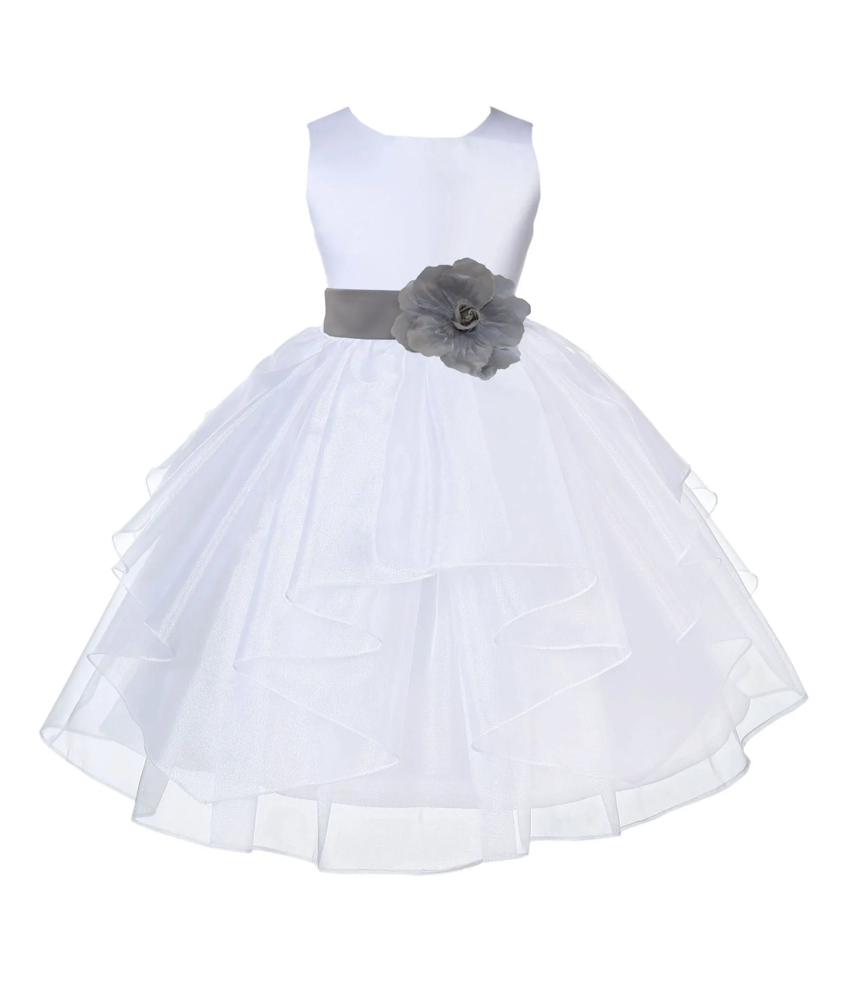 White Satin Shimmering Organza Flower Girl Dress Junior Formal Pageant Baptism Christening 4613T(2)