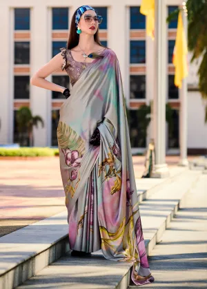 Wild Grey Satin Crepe Printed Silk Saree