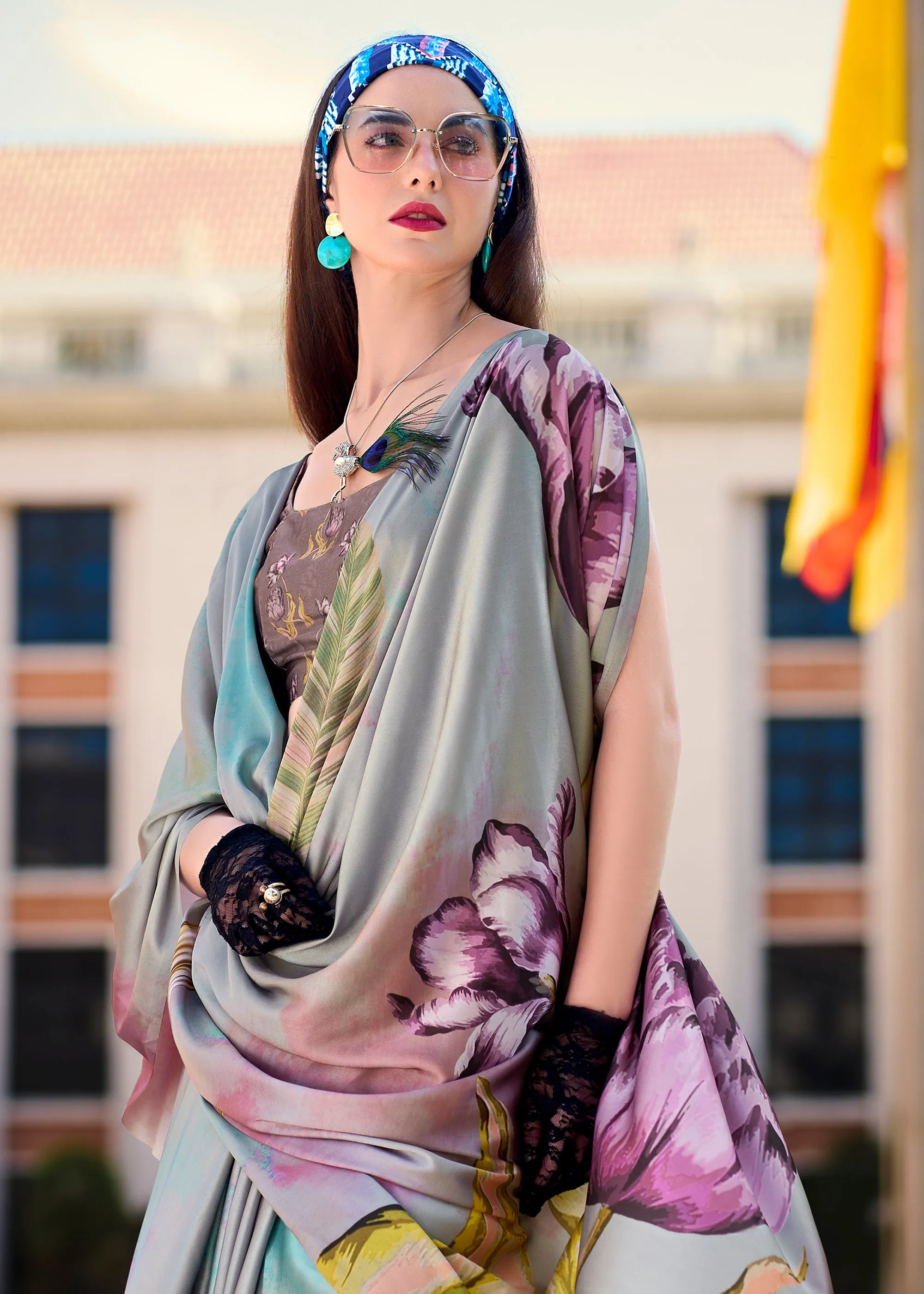 Wild Grey Satin Crepe Printed Silk Saree