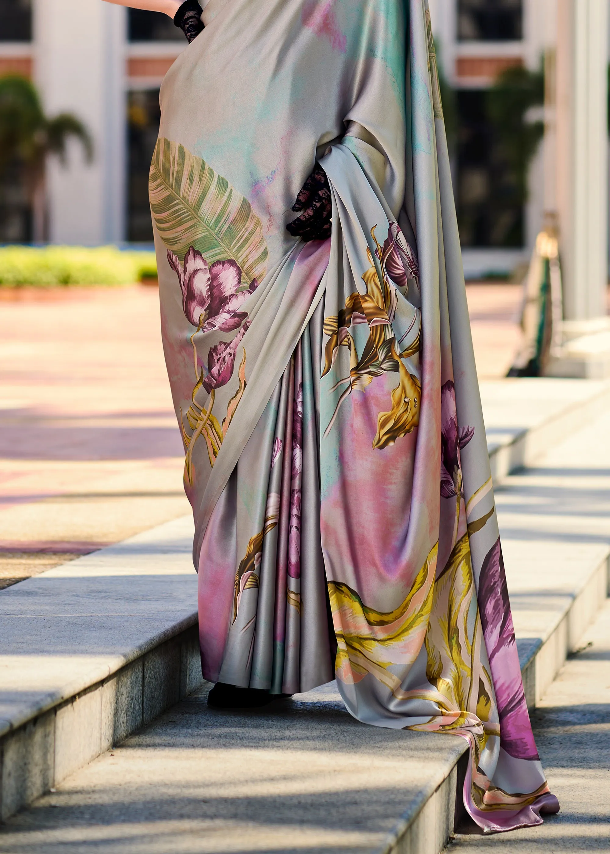 Wild Grey Satin Crepe Printed Silk Saree