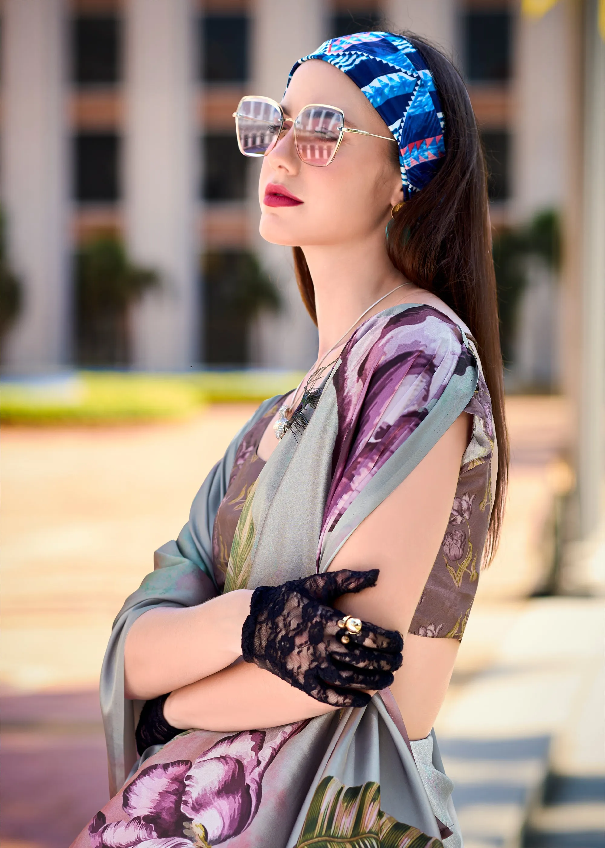 Wild Grey Satin Crepe Printed Silk Saree