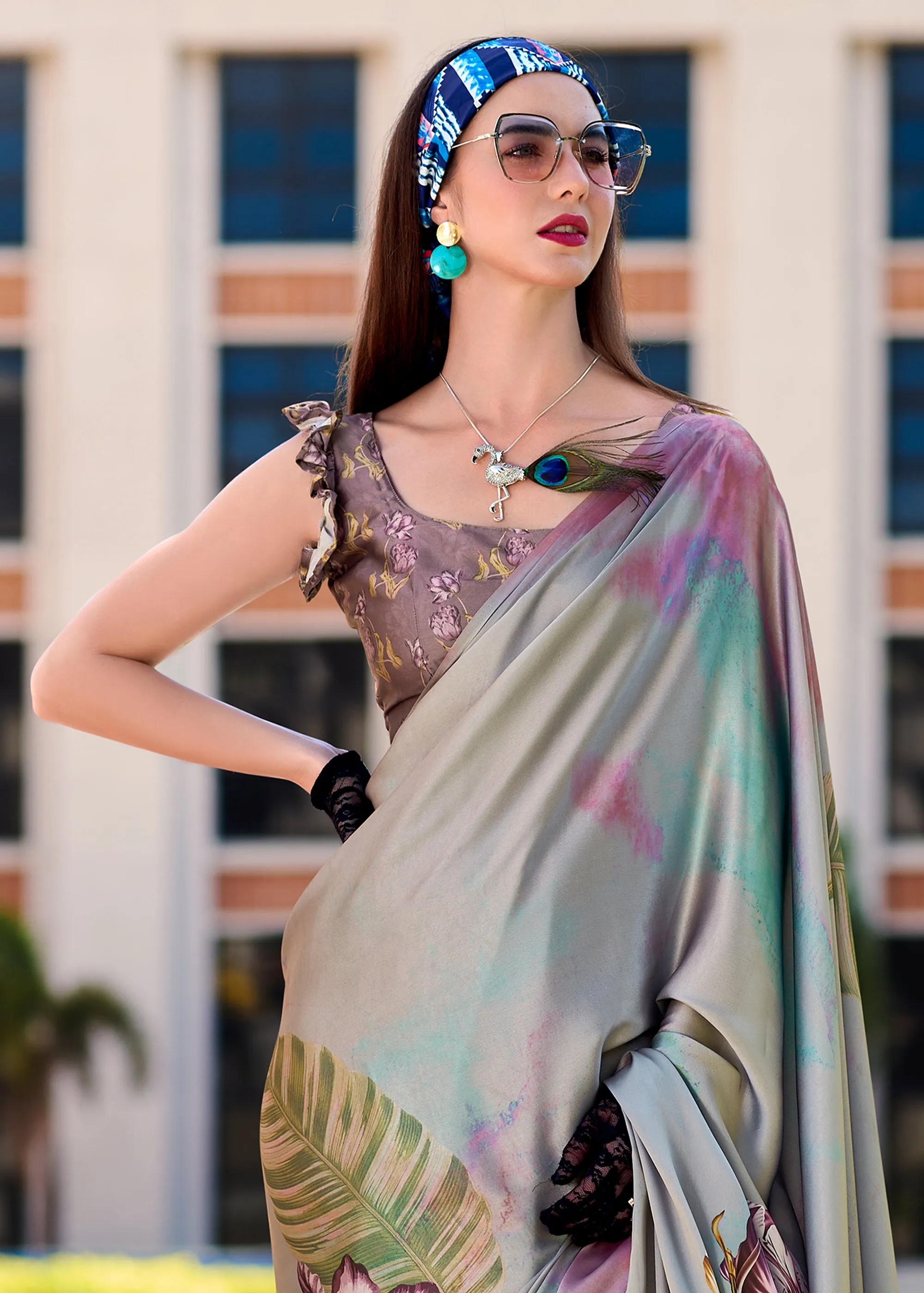 Wild Grey Satin Crepe Printed Silk Saree