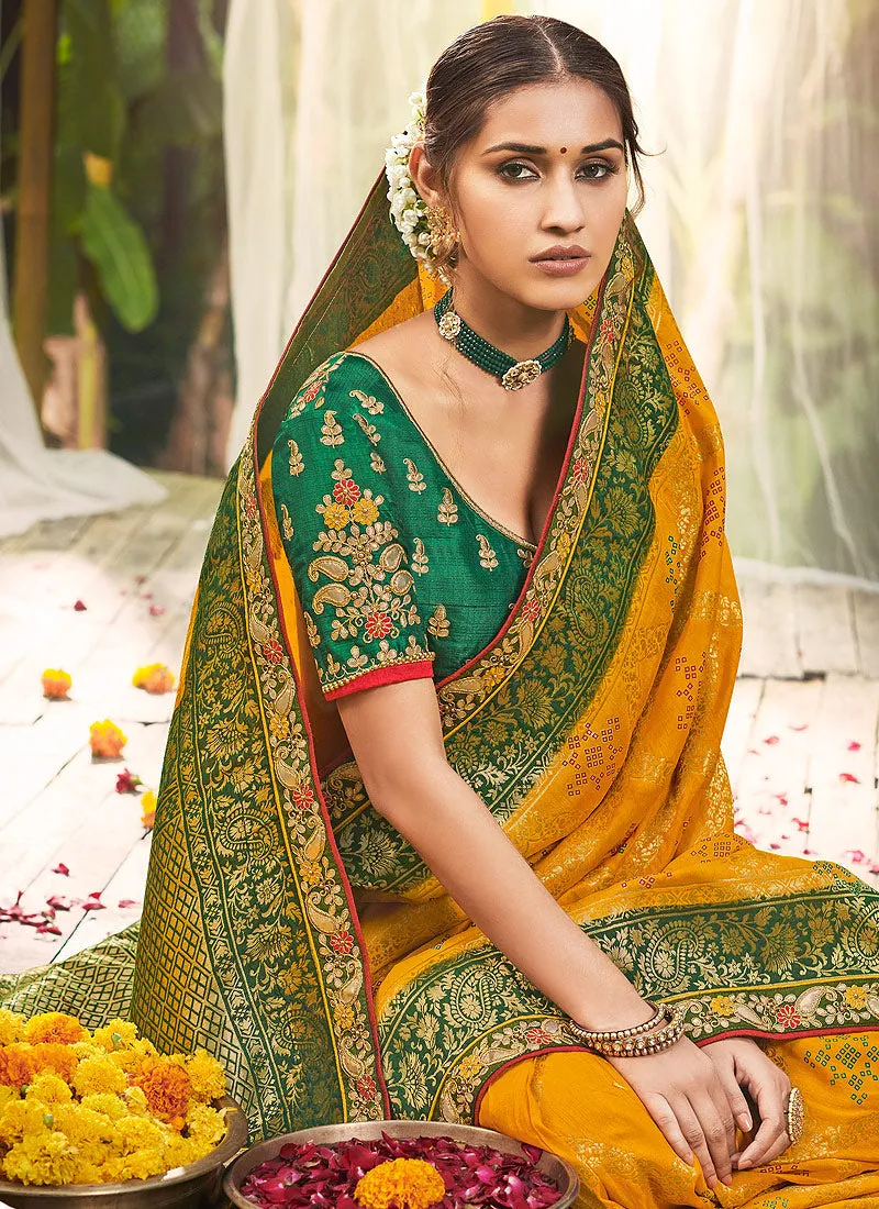 Yellow And Green Silk Saree