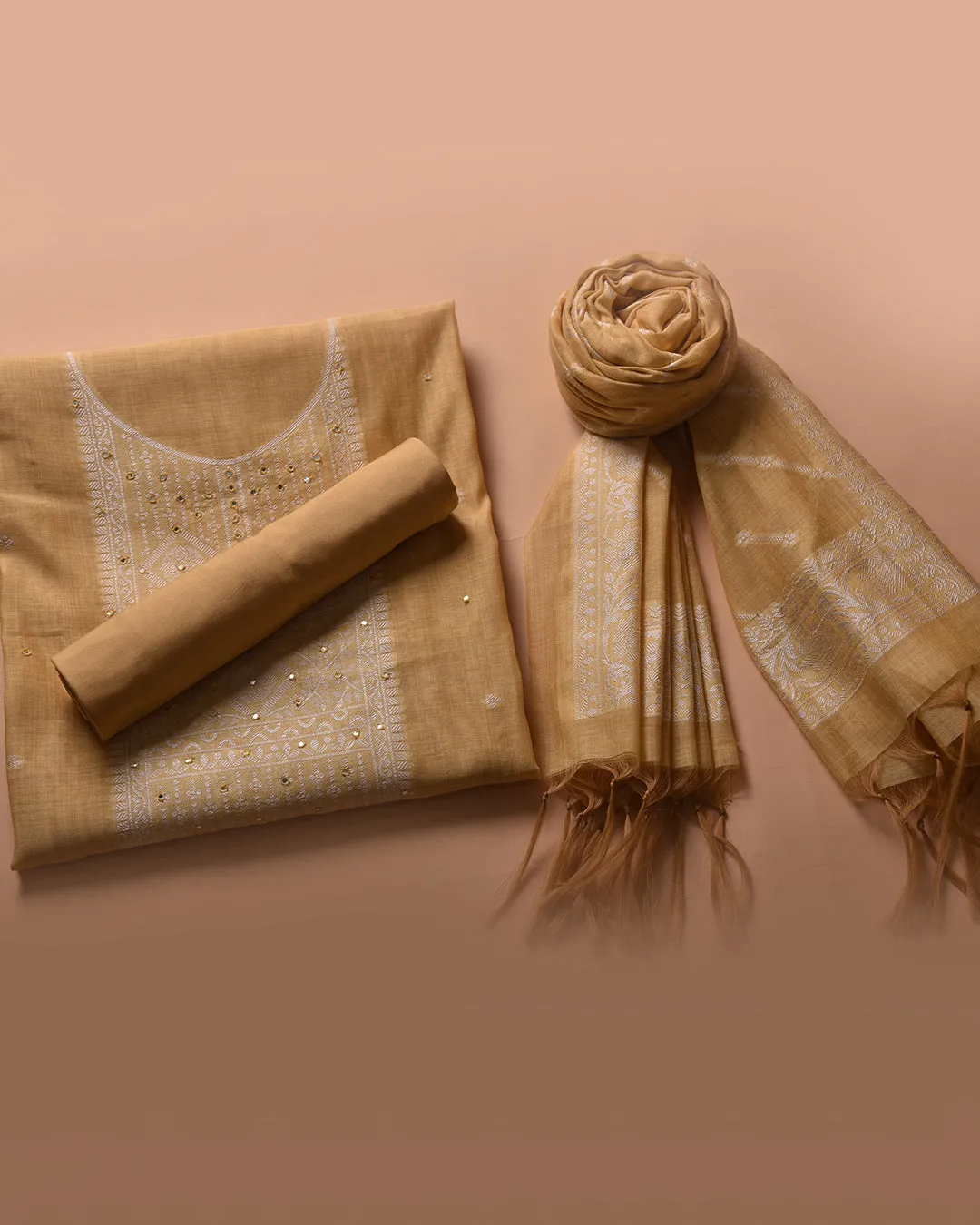 Yellow Chanderi Silk Blend Woven With Embellishment Unstitched Suit Fabric Set With Chanderi Silk Dupatta