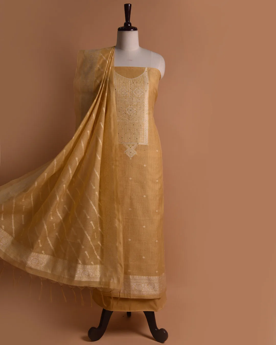 Yellow Chanderi Silk Blend Woven With Embellishment Unstitched Suit Fabric Set With Chanderi Silk Dupatta