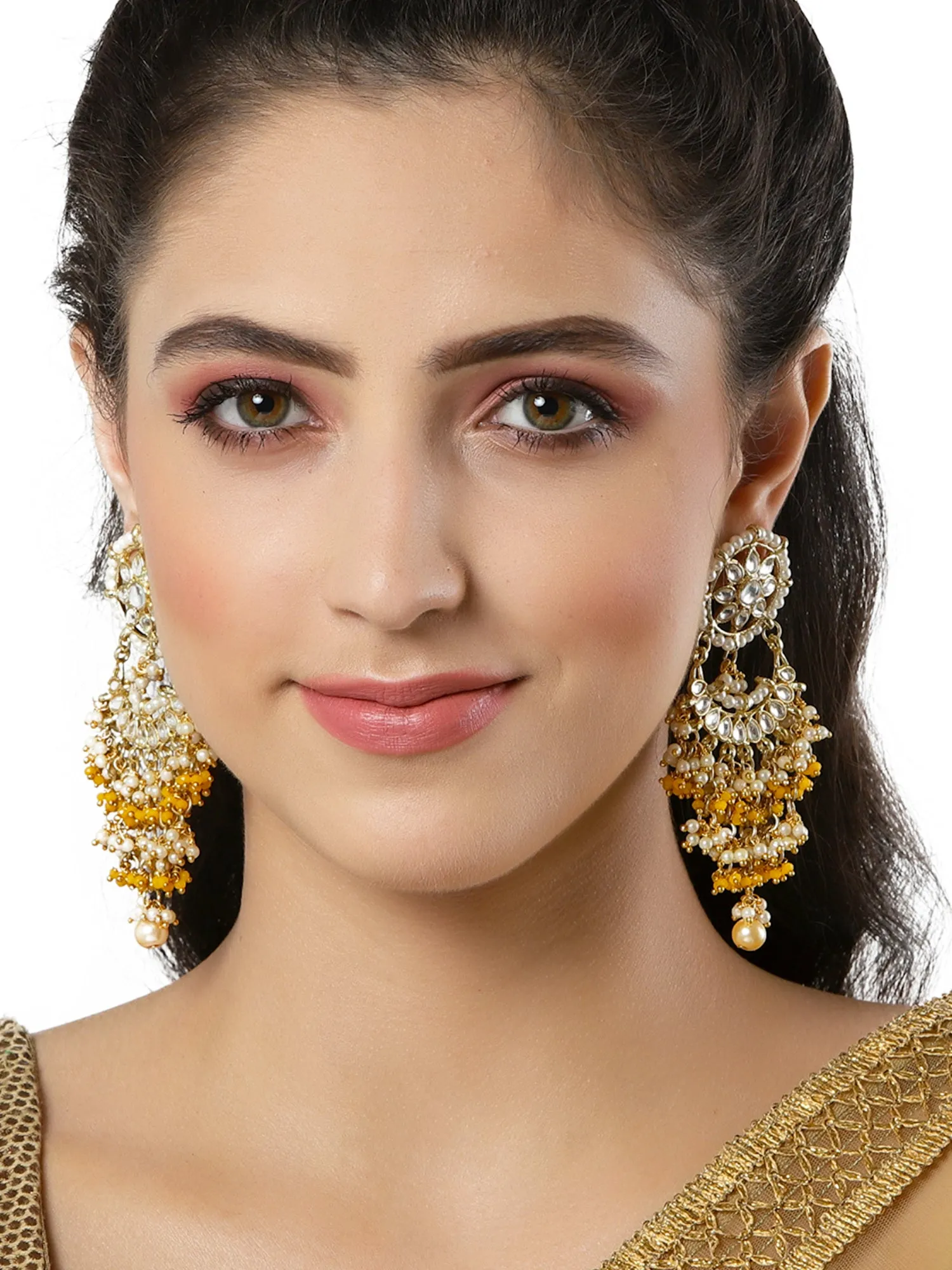 Yellow Crystal and Pearl Kundan Dangler Earrings for Women