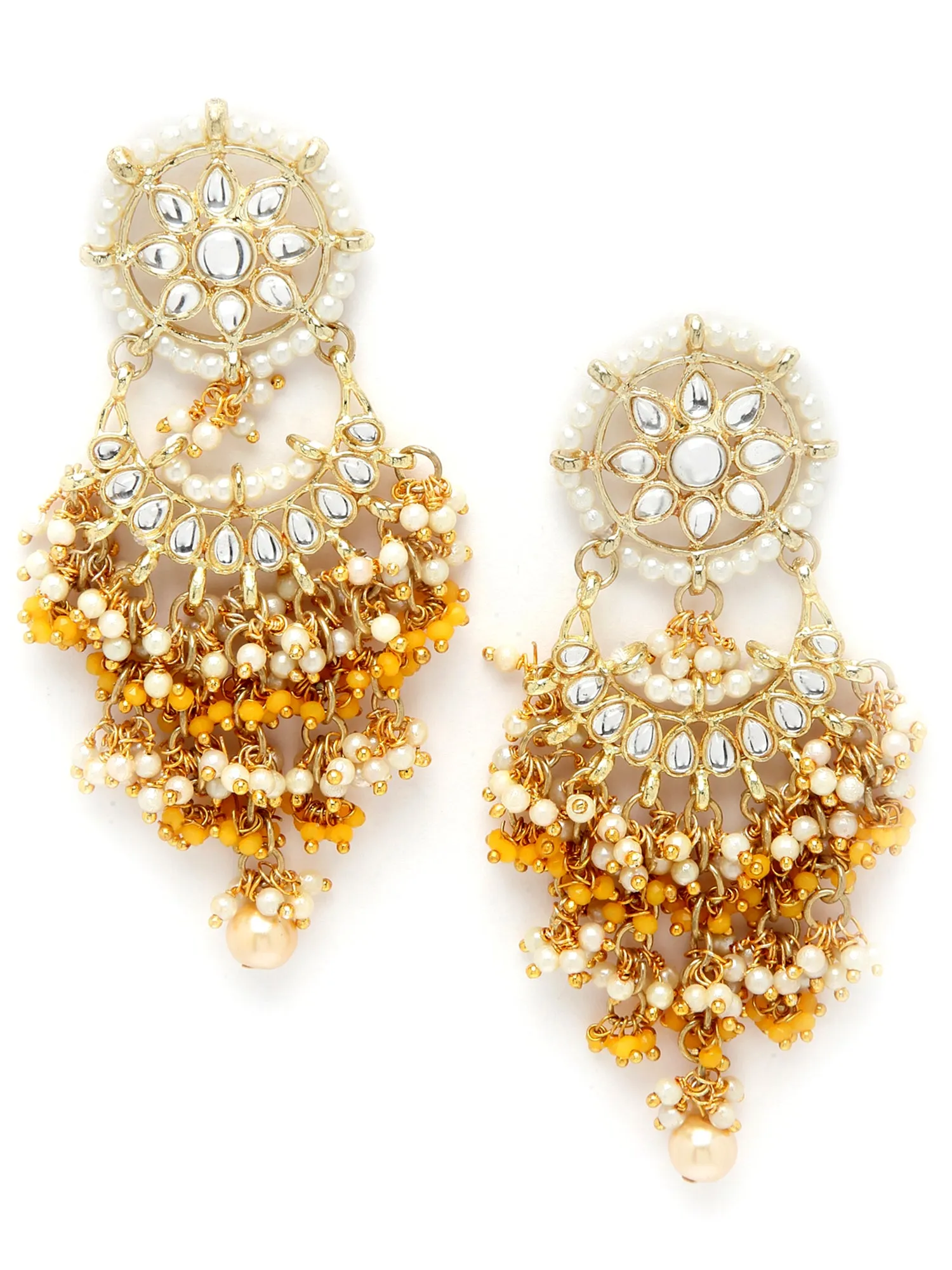 Yellow Crystal and Pearl Kundan Dangler Earrings for Women