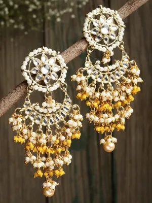 Yellow Crystal and Pearl Kundan Dangler Earrings for Women