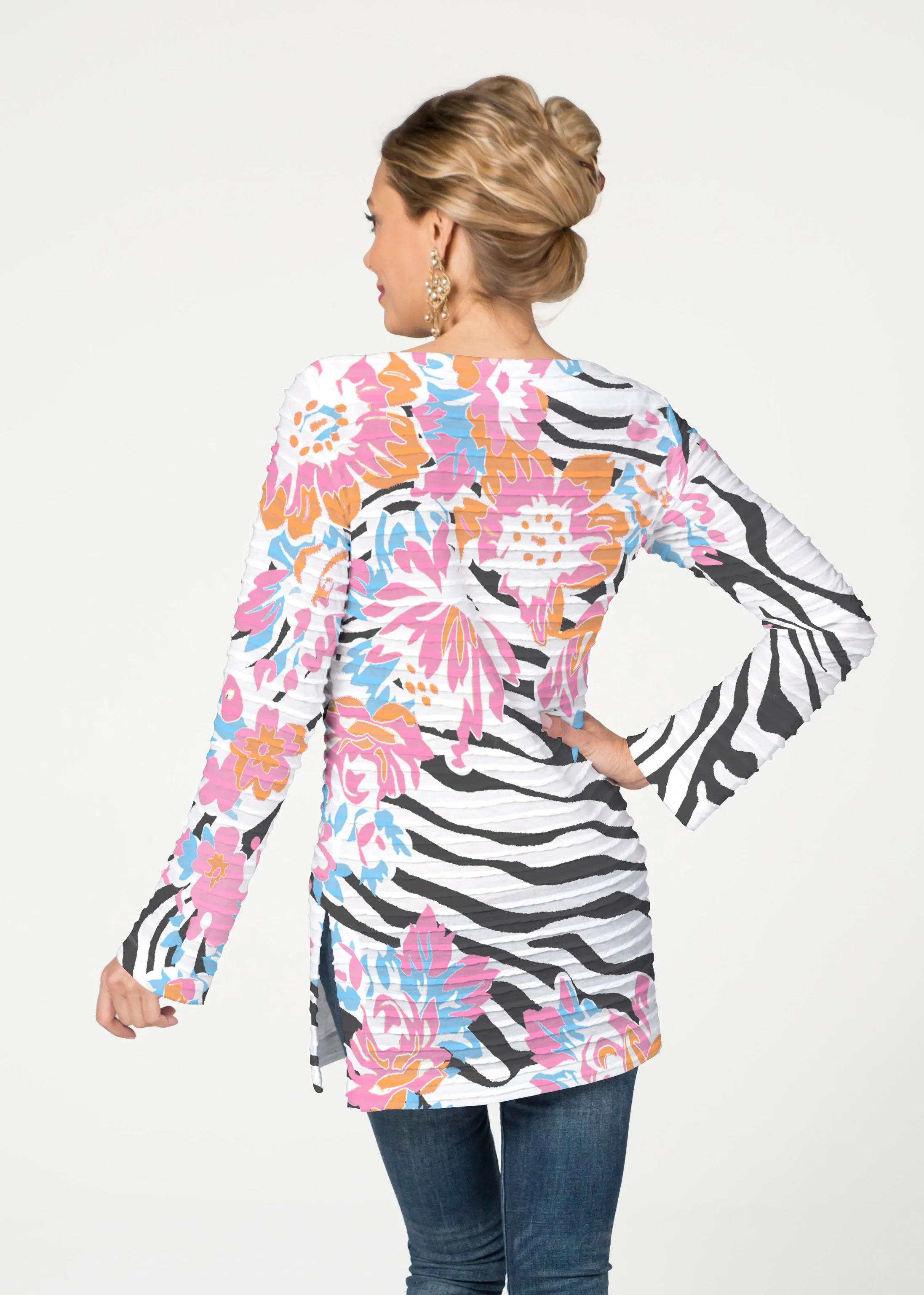 Zebra Posy Black (8118) ~ Banded Boatneck Tunic